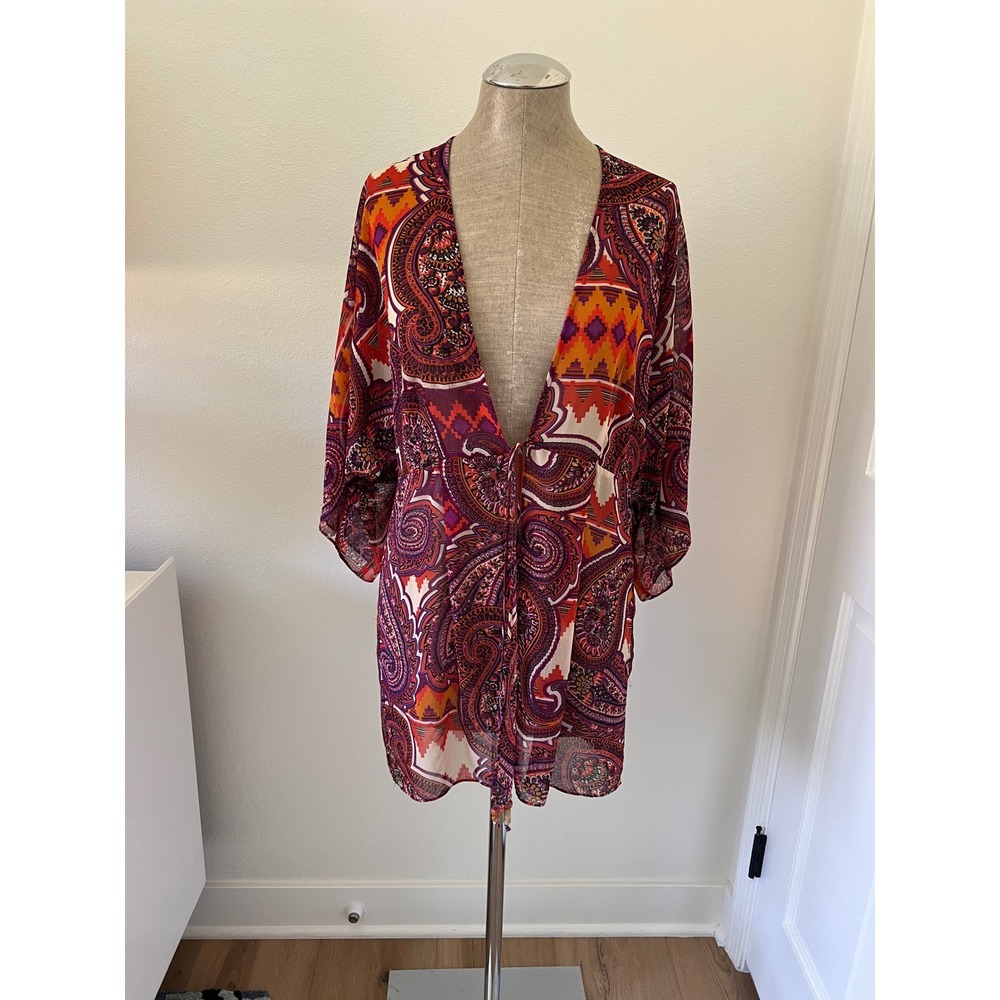 Cabi Paisley Kimono Cover Up Purple Orange Red Boho Beaded Tie Medium